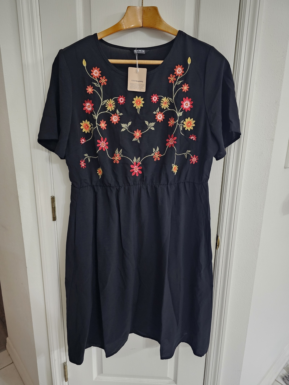 BloomChic Navy Midi Dress with Pink and Yellow Floral Embroidery